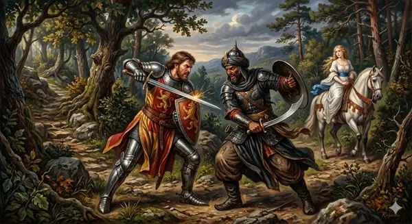 Orlando Furioso il cristiano Rinaldo e il pagano Ferraù si combattono duramente per Angelica