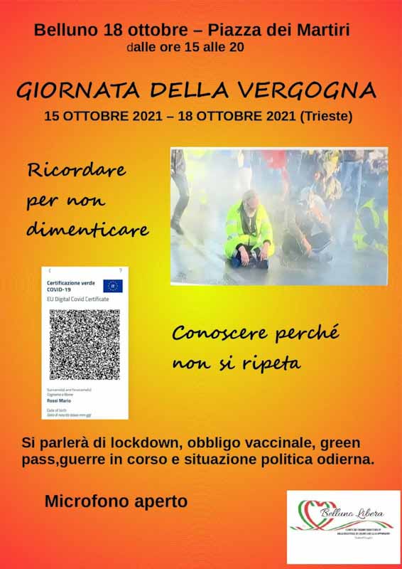 Giornata della Vergogna. A Belluno un appuntamento per ricordare il periodo Covid e discutere l’attualità politica