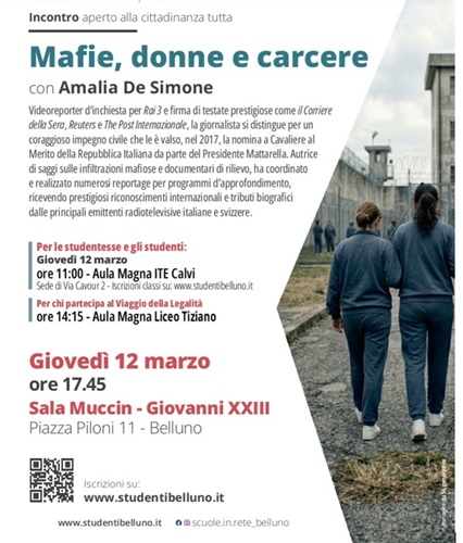 Donne e legalità: giovedì a Belluno la reporter Amalia De Simone per parlare di diritti, tra mafia e carcere