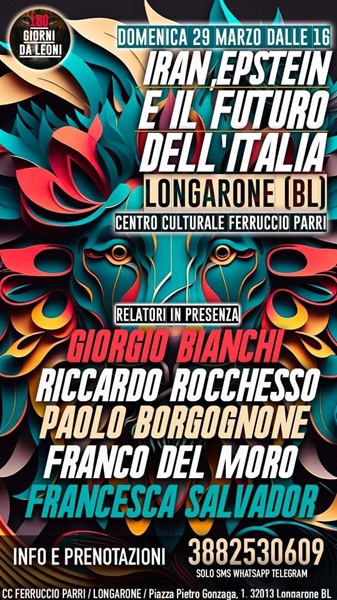 Geopolitica e attualità a Longarone: conferenza su Iran, Epstein e il futuro dell’Italia
